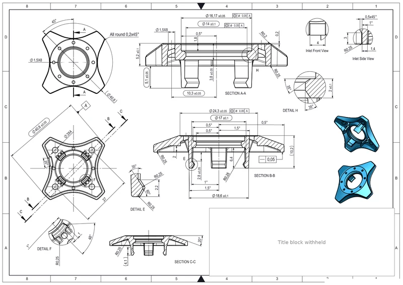Plastic mould drawing of the colour-code part with sections, details and tolerances