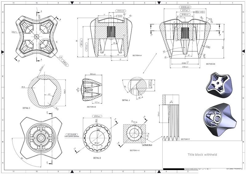 Plastic mould drawing of the Uniflex handle with sections, details and two rendered views