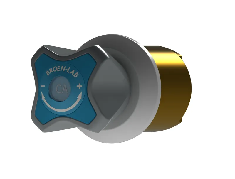 Render of a blue quick-connect regulator handle with the Broen-Lab logo