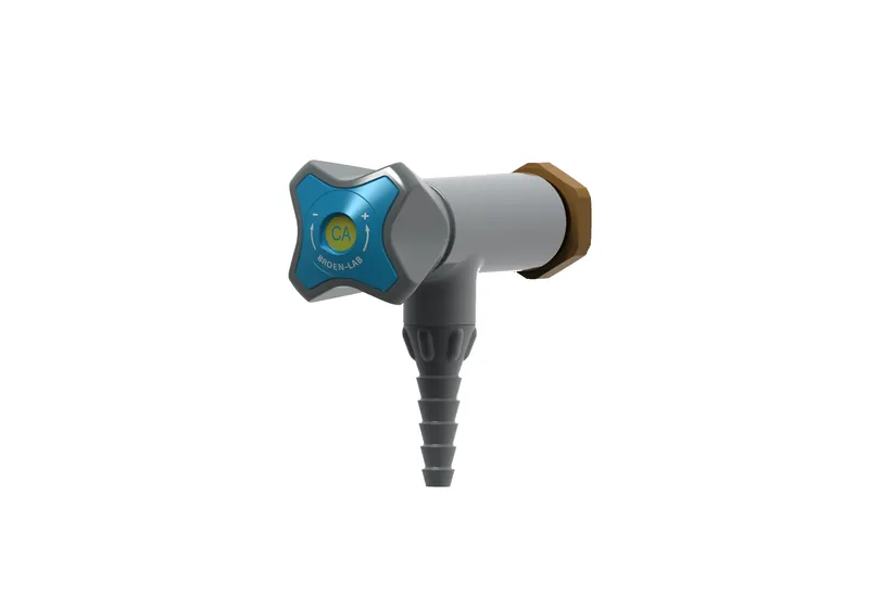 Render of a laboratory tap fitted with the new blue handle on a black background