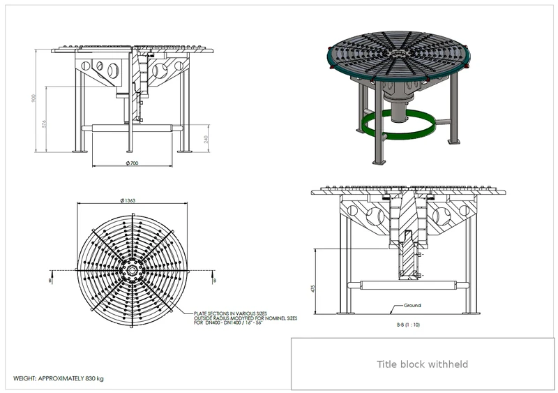 Main assembly drawing of the sheet expander with plan, section and isometric views