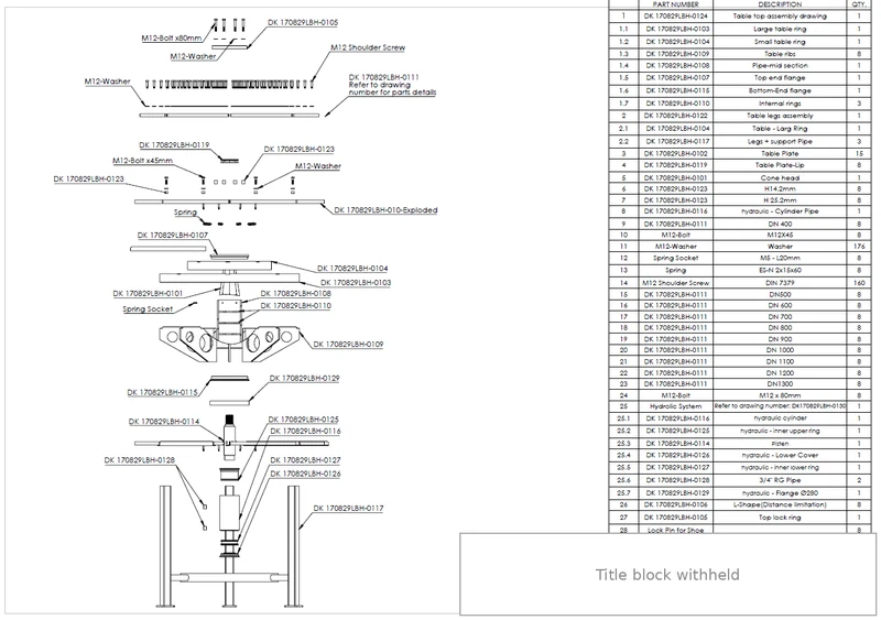 Exploded assembly drawing of the sheet expander with balloons and a parts list