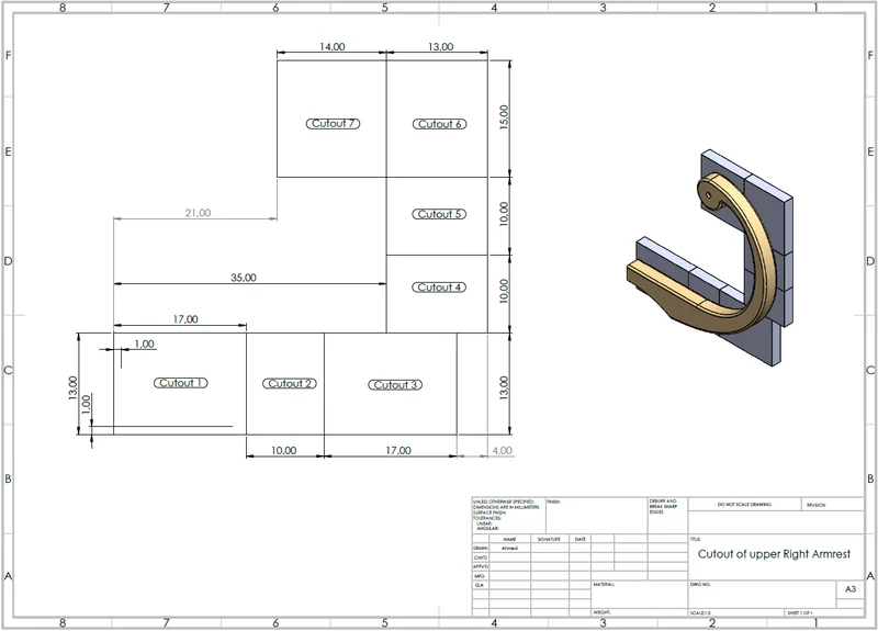 Drawing of the cut-out blocks for the upper right armrest with an isometric view