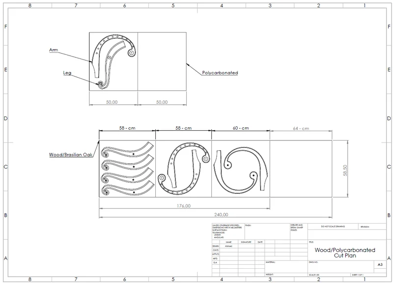 Cut plan drawing nesting chair arms and legs on oak boards, with polycarbonate templates