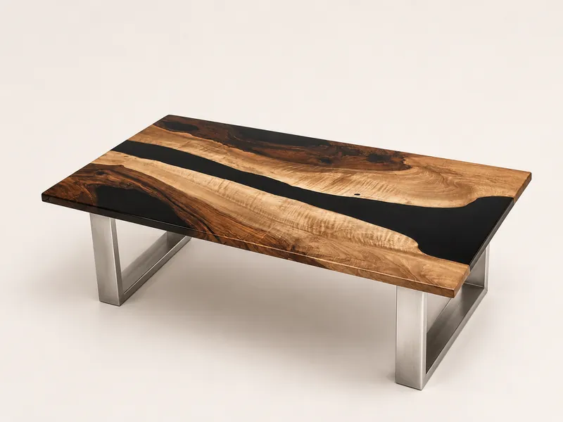 Product image of the walnut and black epoxy table on brushed steel legs