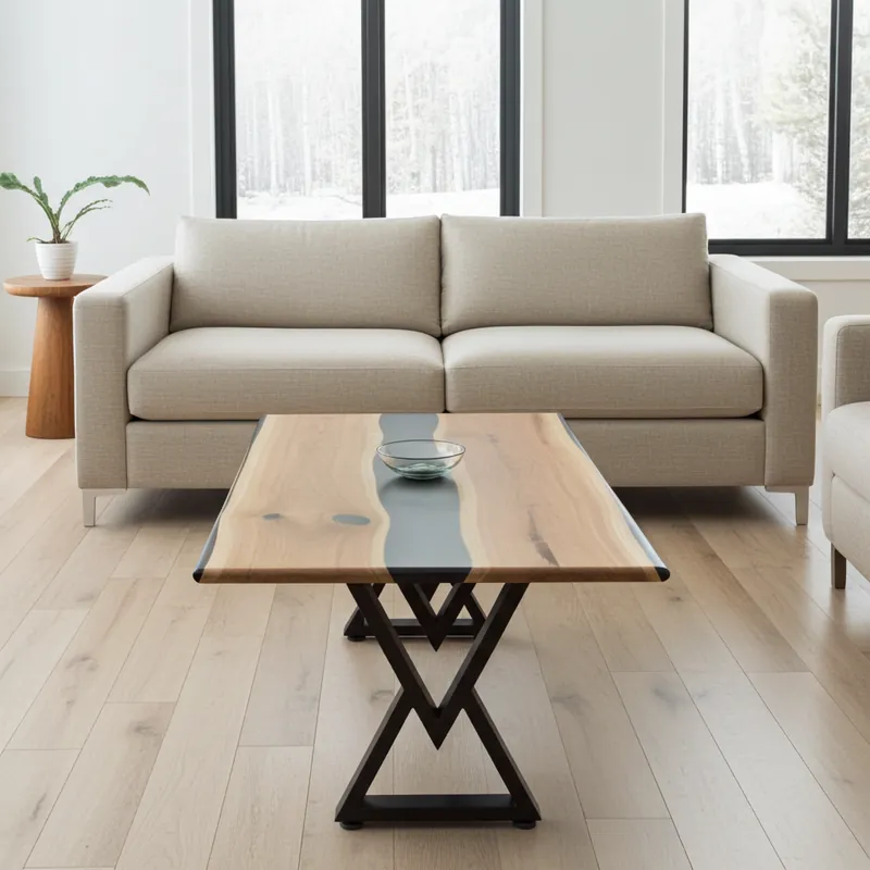 Rendered living room scene with the Strøm table in front of a sofa