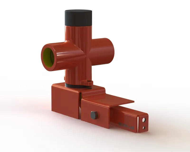 Rendered water hammer valve in red with black cap and mounting bracket