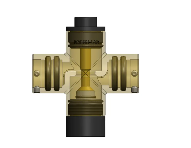 Section render of the valve showing piston, spring and seals inside a transparent body